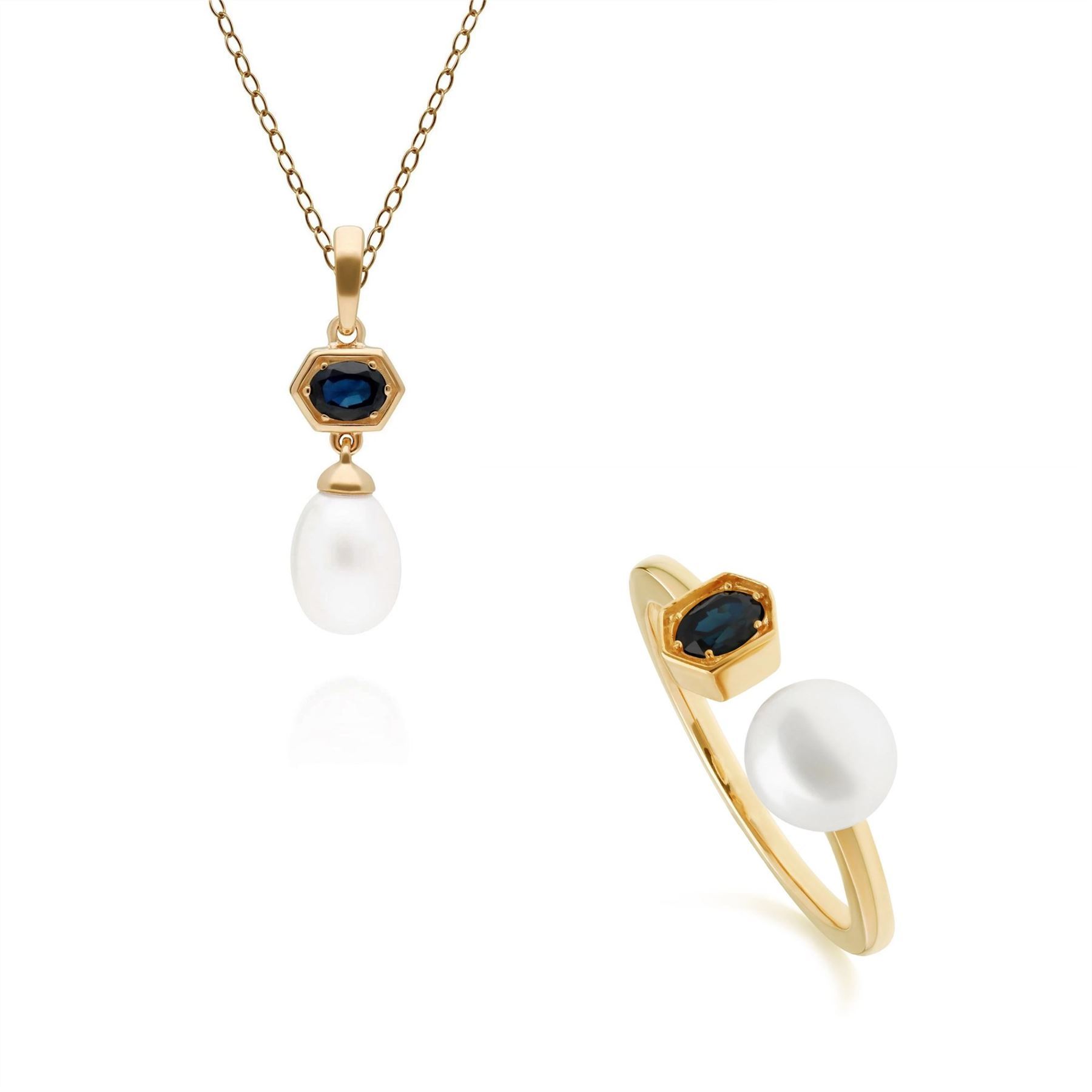 Modern Pearl & Sapphire Earring & Ring Set in Gold Plated Sterling Silver Modern Pearl & Sapphire Earring & Ring Set in Gold Plated Sterling Silver