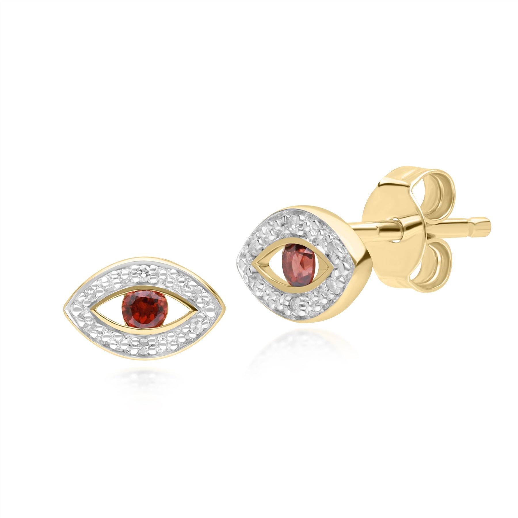 ECFEW™ Dainty Evil Eye Garnet & Diamond Stud Earrings in 9ct Yellow Gold ECFEW™ Dainty Evil Eye Garnet & Diamond Stud Earrings in 9ct Yellow Gold