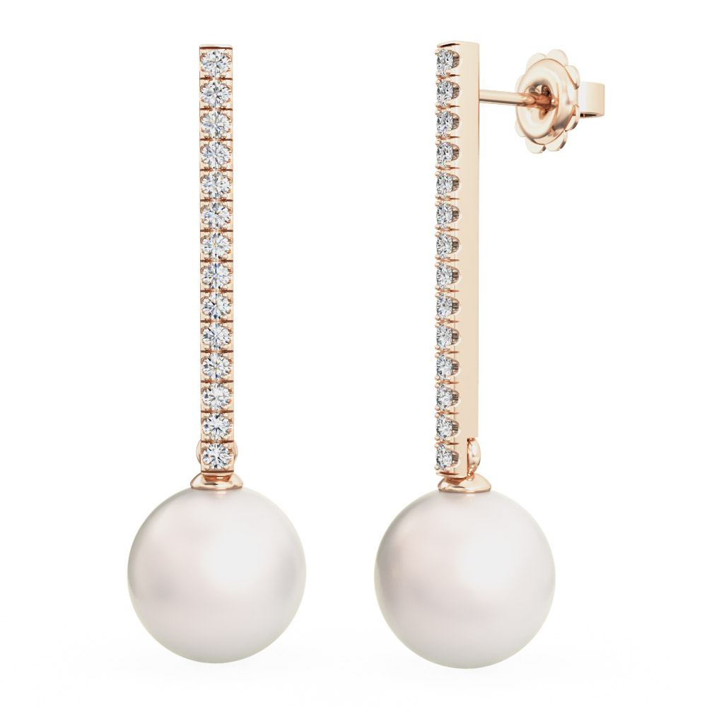 A beautiful pair of 8/8.5mm white pearl and diamond drop earrings in 18ct rose gold A beautiful pair of 8/8.5mm white pearl and diamond drop earrings in 18ct rose gold