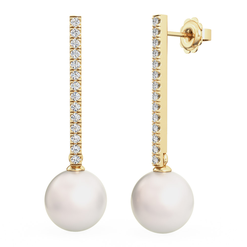 A beautiful pair of 8/8.5mm white pearl and diamond drop earrings in 18ct yellow gold A beautiful pair of 8/8.5mm white pearl and diamond drop earrings in 18ct yellow gold