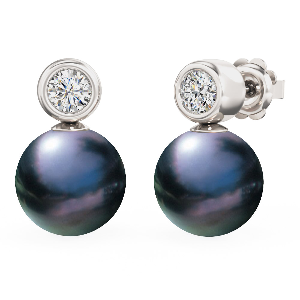 A timeless pair of 8/8.5mm black pearl and diamond earrings in 18ct white gold A timeless pair of 8/8.5mm black pearl and diamond earrings in 18ct white gold