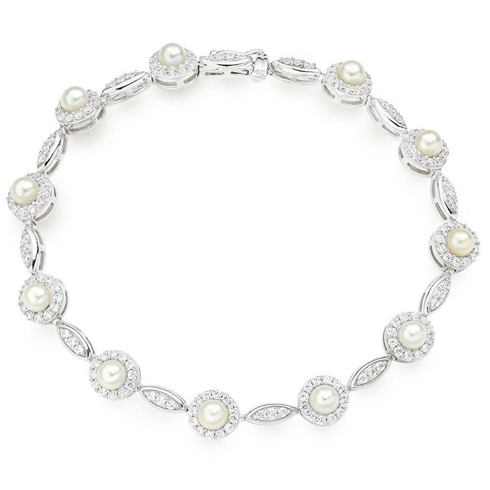 Beaverbrooks Women's Silver Cubic Zirconia Freshwater Cultured Pearl Bracelet, Size 20cm Beaverbrooks Women's Silver Cubic Zirconia Freshwater Cultured Pearl Bracelet, Size 20cm