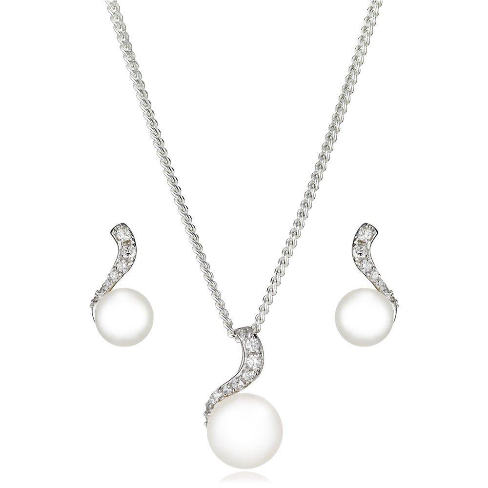 Beaverbrooks Women's Silver Cubic Zirconia Freshwater Cultured Pearl Pendant and Earrings Set Beaverbrooks Women's Silver Cubic Zirconia Freshwater Cultured Pearl Pendant and Earrings Set